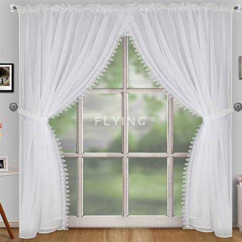 LB-11-A Cortina para balcón, bonita cortina lista para usar hecha de voile con cinta plisada de guipur, cortina corta y moderna, color blanco, (250 x 400 cm)