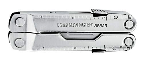 Leatherman Rebar - Multiherramienta con 17 herramientas de bloqueo, herramienta multiusos para bricolaje y camping, hecha en EE.UU., en plata y una funda de cuero