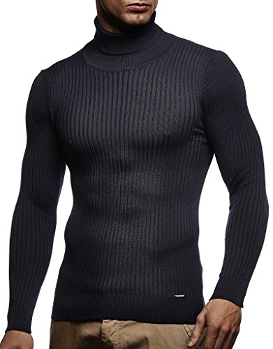 Leif Nelson suéter de Jersey de Punto Fino de Cuello Alto de Punto de los Hombres LN-1670 Azul Large