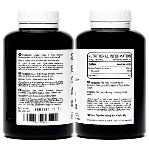 Levadura de Arroz Rojo con 10 mg de Monacolina K y 5 mg de Coenzima Q10 | 180 cápsulas vegetales | Suministro para 6 meses | Regula los niveles de colesterol sanguíneo | Libre de Citrininas