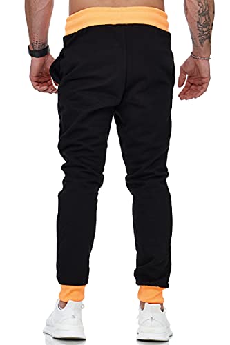 L.gonline Monte Carlo 592 - Pantalones largos de chándal para hombre, 100 % algodón, cómodos pantalones de deporte, puños acanalados, fitness, con cordón, perneras estrechas, 592, negro / naranja, L