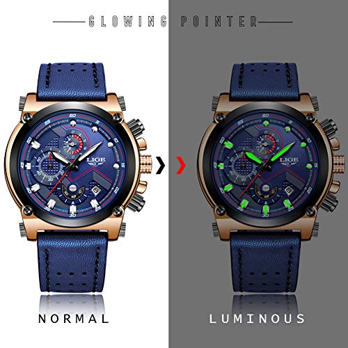 LIGE Hombre Relojes Lujo Moda Impermeable Relojes Clásico Negocios Analogicos Cuarzo Relojes con Ocio Azul Correa de Cuero Relojes