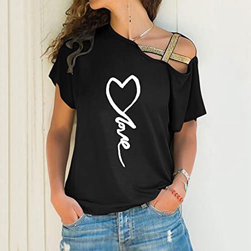 Lilygodx Camisetas Mujer Originales Baratas Camisetas de Vestir Mujer Verano Tallas Grandes Manga Corta Cuello Redondo Blusa de Fiesta Mujer Camisetas con Hombros Descubiertos (Negro, S)