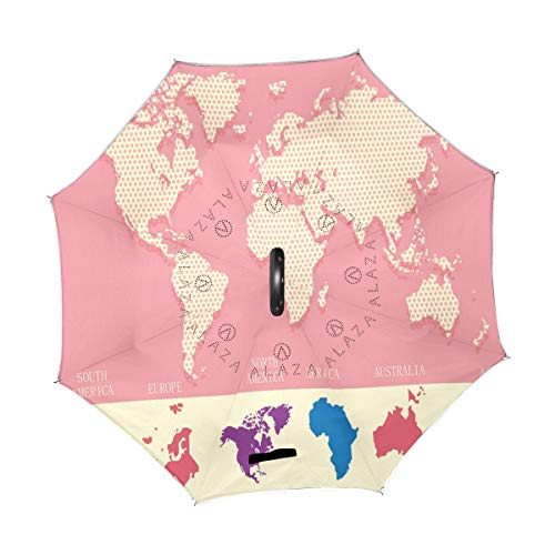 LINDATOP Mapa Mundi Fondo Rosa Inverted Paraguas Reverse Auto Abierto Doble Capa Resistente al Viento Protección UV Al Aire Libre Paraguas Para Coche Lluvia Uso Al Aire Libre