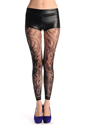 LissKiss Rounded Pearl Flowers With Lace Trim Footless Fishnet - Tights Footless - Negro Medias Sin Pie Talla unica (34-42)