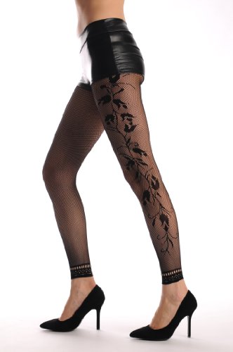 LissKiss Tulip Flowers On The Side With Lace Trim Footless Fishnet - Tights Footless - Negro Medias Sin Pie Talla unica (34-42)