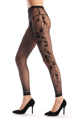 LissKiss Tulip Flowers On The Side With Lace Trim Footless Fishnet - Tights Footless - Negro Medias Sin Pie Talla unica (34-42)