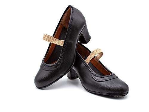 Malaca - Zapato Profesional de Baile, Fabricado en Piel, Cierre de Goma elástica, tacón y Suela con Clavos, para: Niña Color: Negro Talla:37