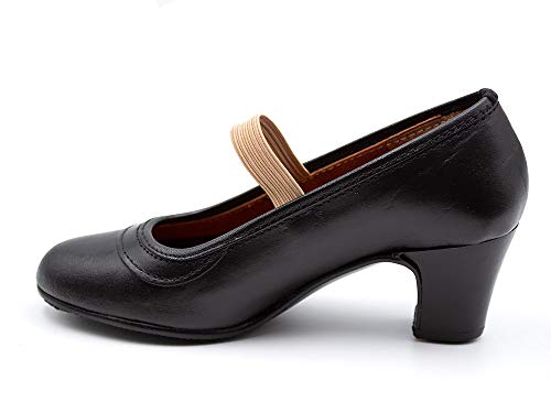 Malaca - Zapato Profesional de Baile, Fabricado en Piel, Cierre de Goma elástica, tacón y Suela con Clavos, para: Niña Color: Negro Talla:37