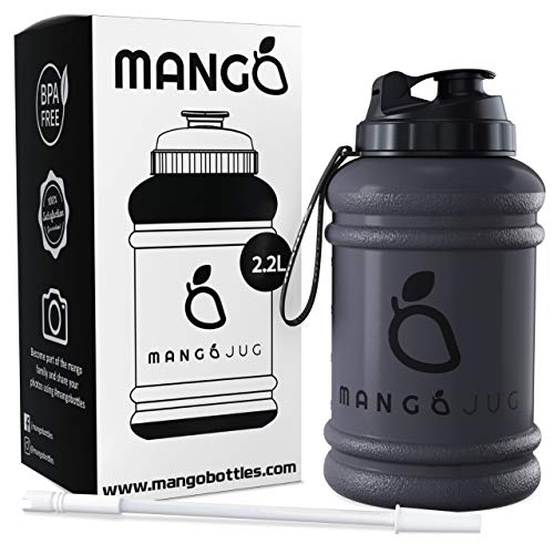 Mango Botella de agua de 2,2 litros con paja y marcas de tiempo, jarra XL sin BPA, jarra deportiva extra grande y duradera con tapa abatible, ideal para gimnasio…