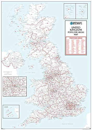 Mapa de pared (A4) de tamaño mediano con código postal blanco del Reino Unido (23,5 pulgadas x 33,25 pulgadas) de plástico mate