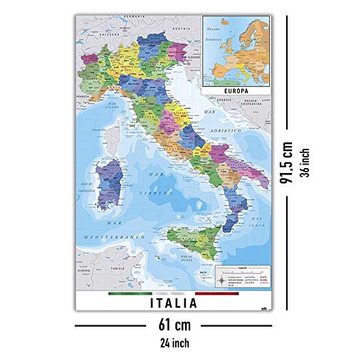 Mapa Físico Político de Italia (61cm x 91,5cm) + 1 Póster con Motivo de Paraiso Playero