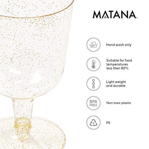 MATANA - 50 Copas de Vino Transparentes con Brillo Dorado - 170ml / Copas Plastico para Fiestas /Resistentes y Elegantes