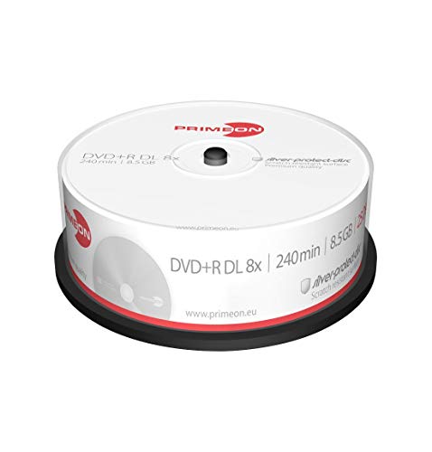 MediaCom IT-Distribution GmbH Primeon DVD + R De Doble Capa De 8,5 GB / 240 Min / 8X Tarrina (25 Discos) De Plata Proteger Discos De Superficie