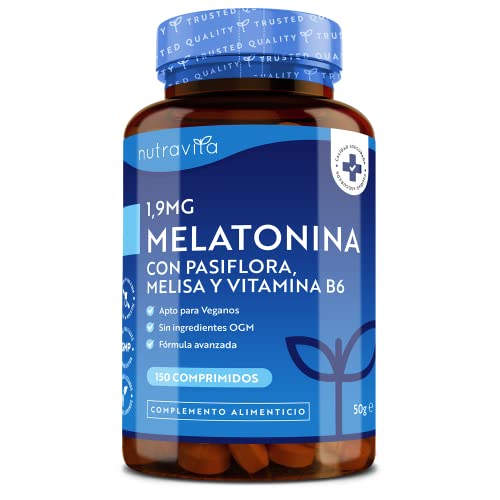 Melatonina 1,9 mg por comprimido con flor de pasión, bálsamo de limón y vitamina B6 - Suplemento con alta dosis de melatonina - Favorece un sueño saludable - 150 comprimidos – Nutravita