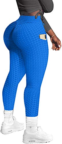 Memoryee Pantalones de Yoga de Cintura Alta para Mujer Leggings de Nido de Abeja Delgados con de glúteos con Bolsillos Control de Barriga Gimnasio Mallas para Correr/Blue/L