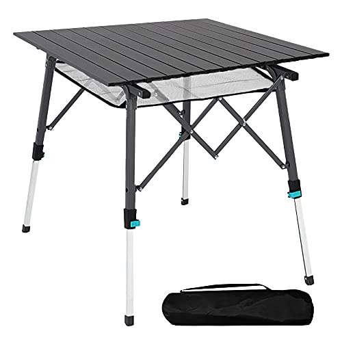 Mesa de camping plegable con tablero de aluminio, ligera, plegable, portátil, con bolsa de transporte, 70 x 70 cm, mesa plegable portátil al aire libre, mesa plegable (negro)