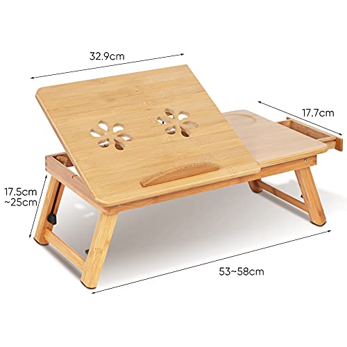 Mesa de ordenador ajustable y plegable, soporte ajustable para ordenador o tablet de bambú ajustable, soporte plegable con cajón para cama de sofá – 50 x 30 x 20 cm (mesa con flores)
