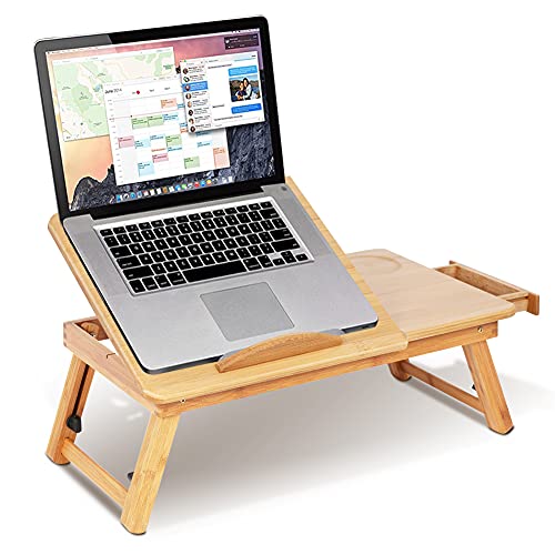 Mesa de ordenador ajustable y plegable, soporte ajustable para ordenador o tablet de bambú ajustable, soporte plegable con cajón para cama de sofá – 50 x 30 x 20 cm (mesa con flores)