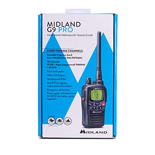 Midland C1385 - G9 Pro PMR446-69 LPD - Radio (16 Canales, Resistente al Agua, IPX4, botón de Alta y Baja Potencia, función de Emergencia, Incluye Cargador y batería de 1800 mAh) Negro