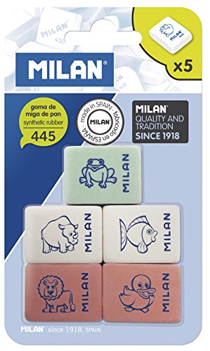 MILAN BMM9222 - Pack de 5 gomas de borrar de caucho sintètico flexible, modelo de figurinas surtido