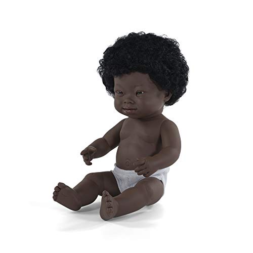 Miniland – Muñeca bebé Africana Niña Síndrome de Down. Vinilo Suave de 38cm. Rasgos étnicos y sexuado para el Aprendizaje de la Diversidad. Ligero y Agradable Perfume. Colección de Diferentes etnia