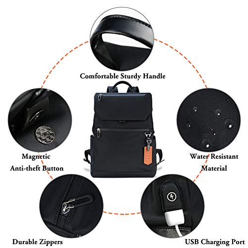 Mochilas Antirrobo Mujer Portatil 14 Pulgadas, Mochila Impermeable Casual con Puerto de Carga USB para Hombre, Negro