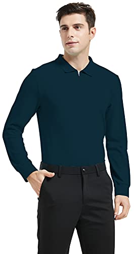 MoFiz Polo Hombre Algodón Poloshirt Manga Larga Color Sólido Polo Camisas Golf Negocios T-Shirt Top con Cremallera Verde Oscuro L