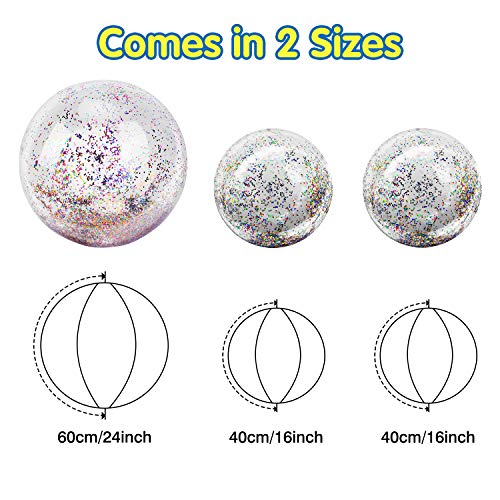 MoKo Inflatable Beach Balls, (3 Pack) Glitter Pool Ball Floatable Swimming Balls Confetti Ball for Water Fun Play Summer Beach, Pool and Party Favor for Adults Kids -