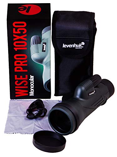 Monocular Levenhuk Wise Pro 10x50, Impermeable al Agua, con Óptica de Vidrio BaK-4 y Distancia Mínima de Enfoque de 2m, Se Puede Usar con Gafas