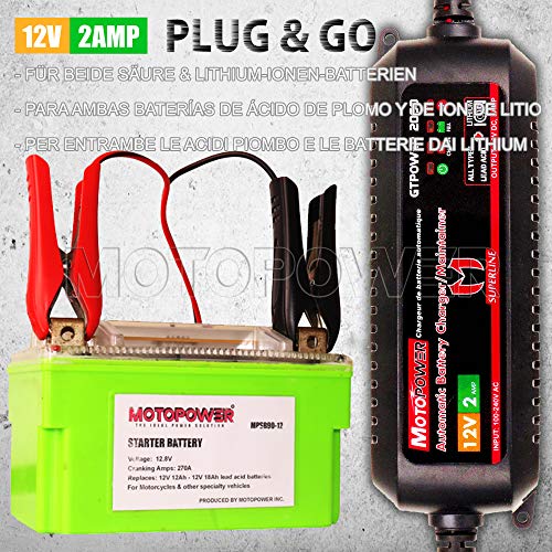 MOTOPOWER MP00207A 12V 2Amp Cargador/Mantenimiento automático de batería automático para baterías de Plomo y baterías de Iones de Litio