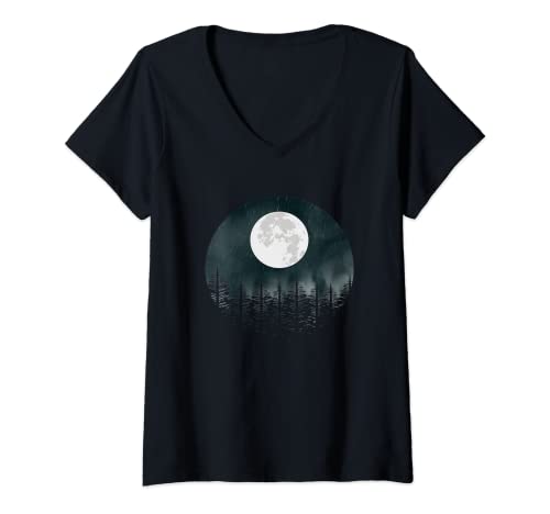Mujer Bonito paisaje natural para camping con luna. Camiseta Cuello V