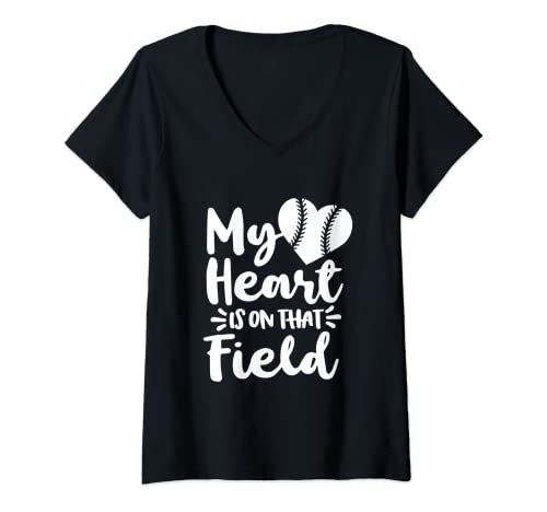 Mujer Mi corazón está en ese campo de béisbol softbol t bola madre Camiseta Cuello V