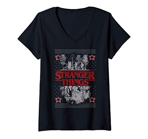 Mujer Netflix Stranger Things Ugly Christmas Sweater Style Camiseta Cuello V