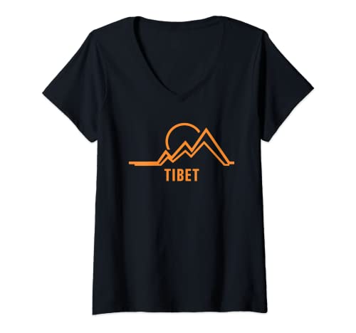 Mujer Tibet Montañas puesta de sol Camiseta Cuello V