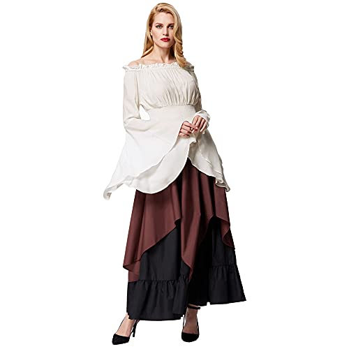 Mujer Tops Elegante Victoriano Medieval con Manga Larga Acampanada sin Hombro Blanco Crema XL