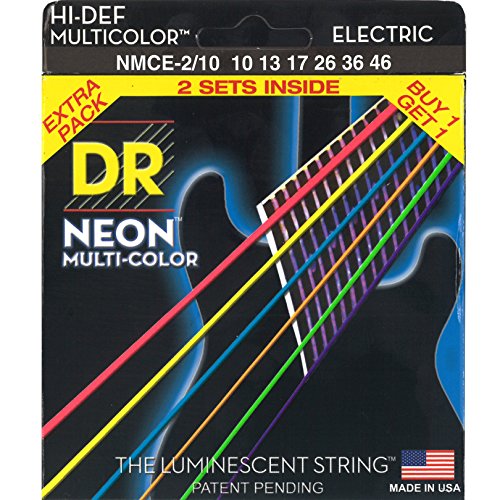 Multi-colores neón DR deslizante fotoluminiscente de alta definición juego de cuerdas para guitarra eléctrica juego de 2 de gran calibre 10-46