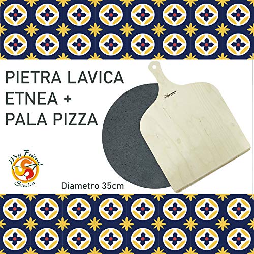 MY FRIEND SICILIA - Juego de piedra volcánica etnea para pizza + pala para pizza – Redonda Diámetro 35 cm – Cocción sana y natural (piedra volcánica + pala)