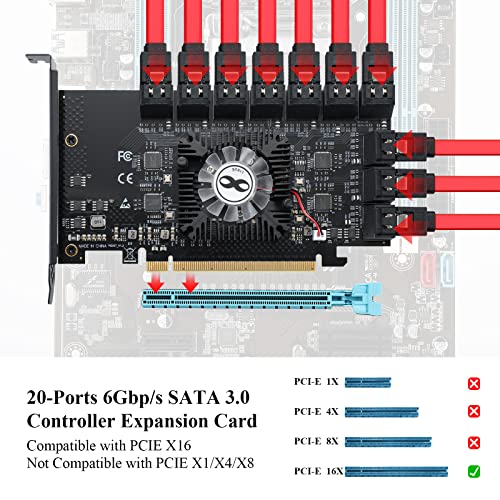 MZHOU 20 Puertos 16X PCIE SATA Card - 6Gbps PCI Express SATA 3.0 Gen III Tarjeta de expansión - Tarjeta de expansión del Controlador SATA no Raid para Windows XP/Vista/7/8/10/Linux 2.6.x