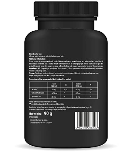 Nature Diet - Colágeno con ácido hialurónico y vitamina C, 180 tabletas, 500 mg | Antienvejecimiento | Colágeno hidrolizado
