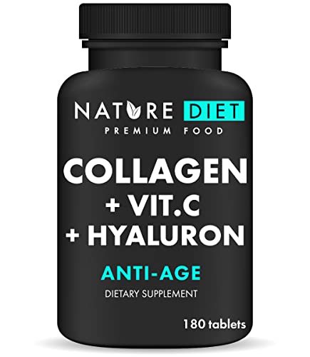 Nature Diet - Colágeno con ácido hialurónico y vitamina C, 180 tabletas, 500 mg | Antienvejecimiento | Colágeno hidrolizado