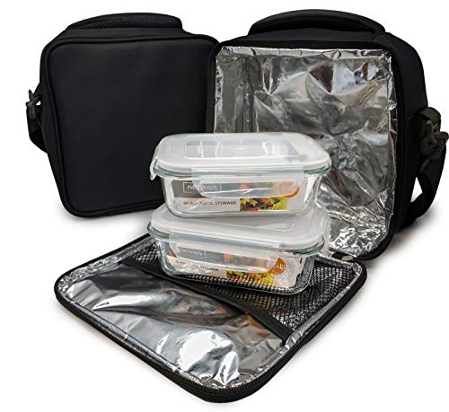 Nerthus FIH 464 Lunch Bag Negra FIAmbrera bolsa termica porta alimentos, 2 recipiente Herméticos, Tela Resistente, 2 recipientes Cristal