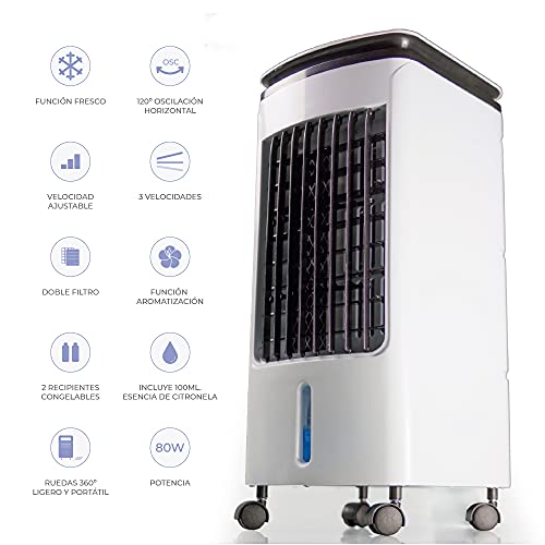 NEWTECK - Climatizador Portátil Fresh Essence, Ventilador de Torre con Aromatización del Aire, 3 Velocidades, Función Fresco, Oscilación 120º, Bajo Consumo (80W). Climatizador Evaporativo sin Tubo