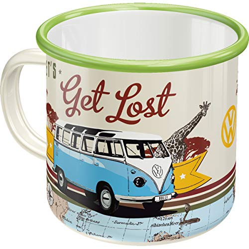 Nostalgic-Art Taza esmaltada retro, Bulli T1 – Get Lost – Idea de regalo de furgoneta Volkswagen, Copa para camping, diseño vintage con frase, 360 ml