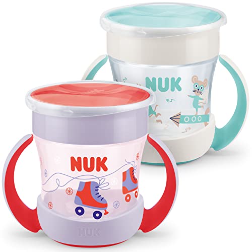 NUK Mini Magic Cup taza para sorber | Borde a prueba de derrames de 360° | +6 meses | Asas para facilitar la sujeción | Sin BPA | 160 ml | 2 unidades | Rojo y turquesa