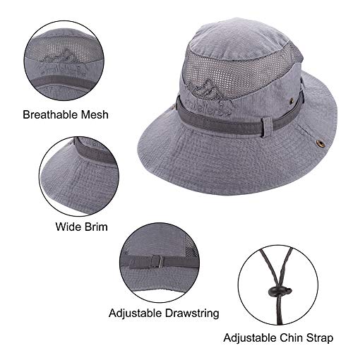 Obling Sombrero de Sol de algodón, protección UV, Sombrero de Verano Sombrero de Playa, Sombrero de Safari Sombrero de Pesca Plegable con Malla Transpirable y Correa Ajustable (Gris)