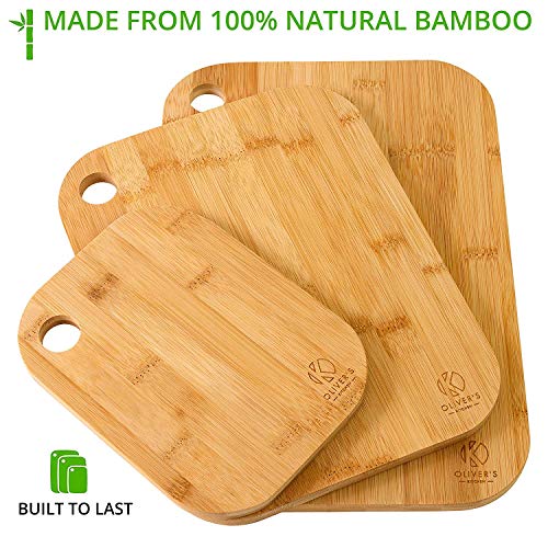 Oliver’s Kitchen – 3 x Set de Tablas de Madera Para Cortar – Diferentes Tamaños Para Cada Ocasión – Duraderas y Resistentes – Tablas de Cortar de Bambú Orgánico 100% Natural – Fácil de Limpiar