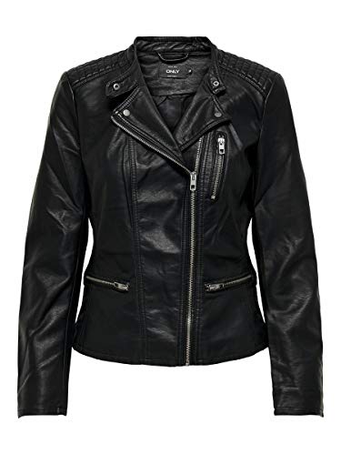 Only Leather Look Biker Jacket Chaqueta, Negro (Black), 42 para Mujer