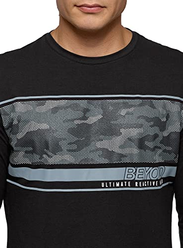 oodji Ultra Hombre Camiseta de Algodón con Mangas Largas y Estampado, Negro, L