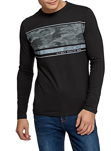 oodji Ultra Hombre Camiseta de Algodón con Mangas Largas y Estampado, Negro, S